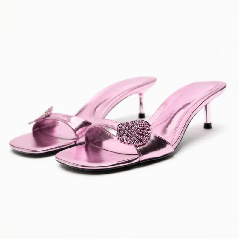 

TRAF Summer Kitten Heel Sandals For Women Fashion Pink Heeled Shiny Slingbacks Shoes Female Comfort Squared Toe Sandals Heels