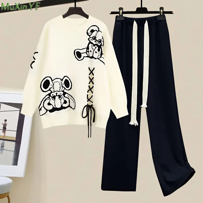 

Women Sweater Wide Leg Pants 1 or 2 Piece Set Spring Autumn Lady Korean Cratoon Loose Knit Tops Black Trousers Suits 2023 Outfit