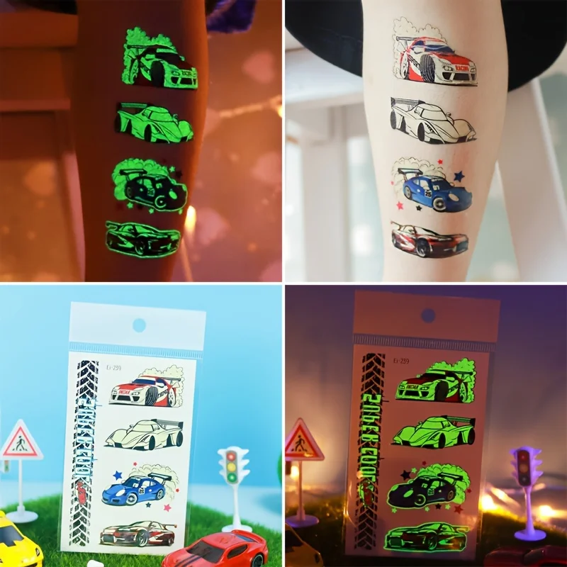 6 листов светящиеся гоночные автомобили принадлежности временные татуировки для