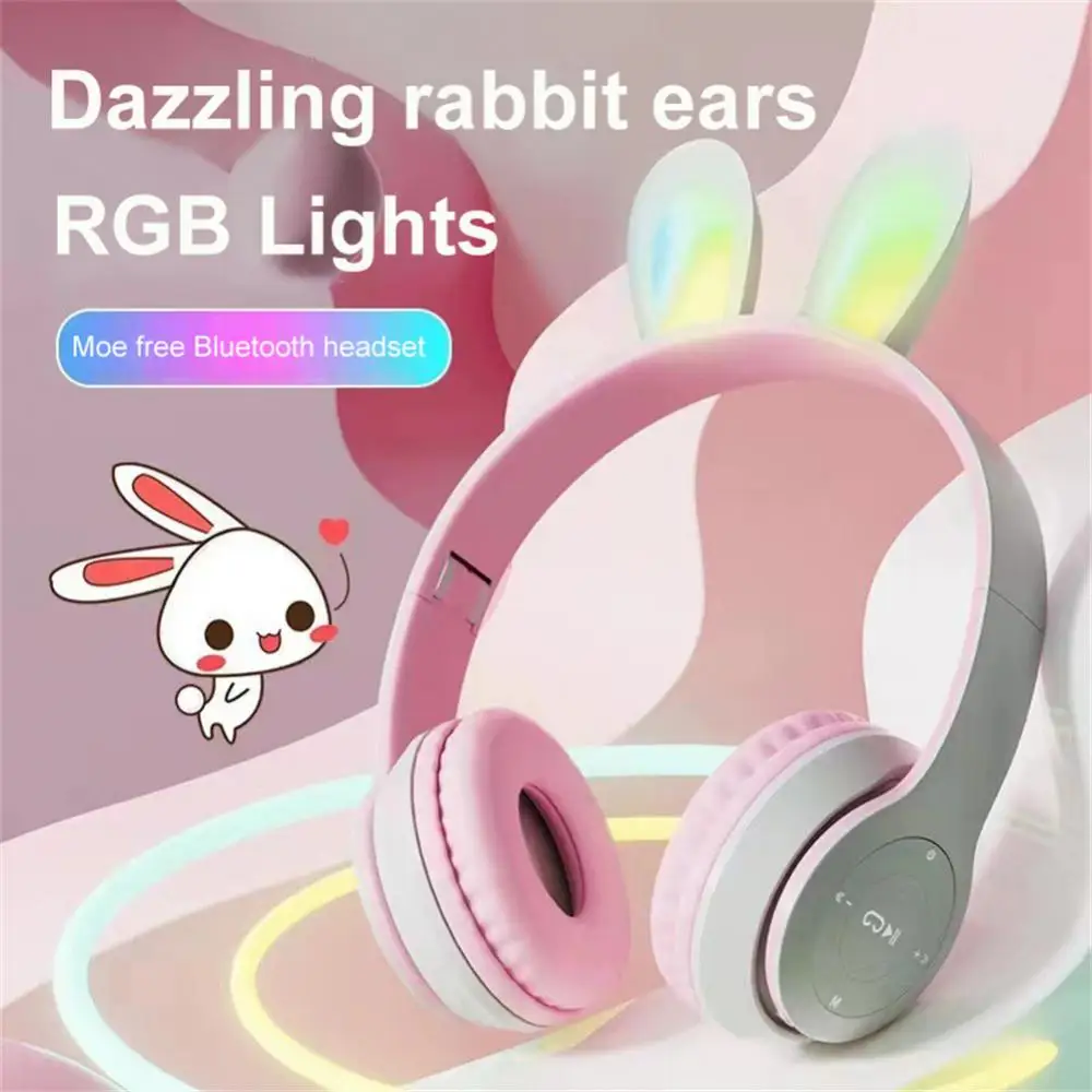 

Беспроводные наушники RGB с кроличьими ушками, гарнитура с микрофоном, Симпатичные музыкальные Bluetooth наушники для девочек, детская игровая г...