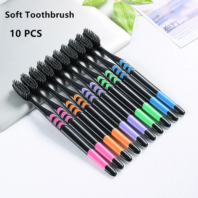 

10Pcs Toothbrush Soft Bristle Adult Bamboo Charcoal Household Fine Wool Antibacterial Men and Women Family Dental Oral Care