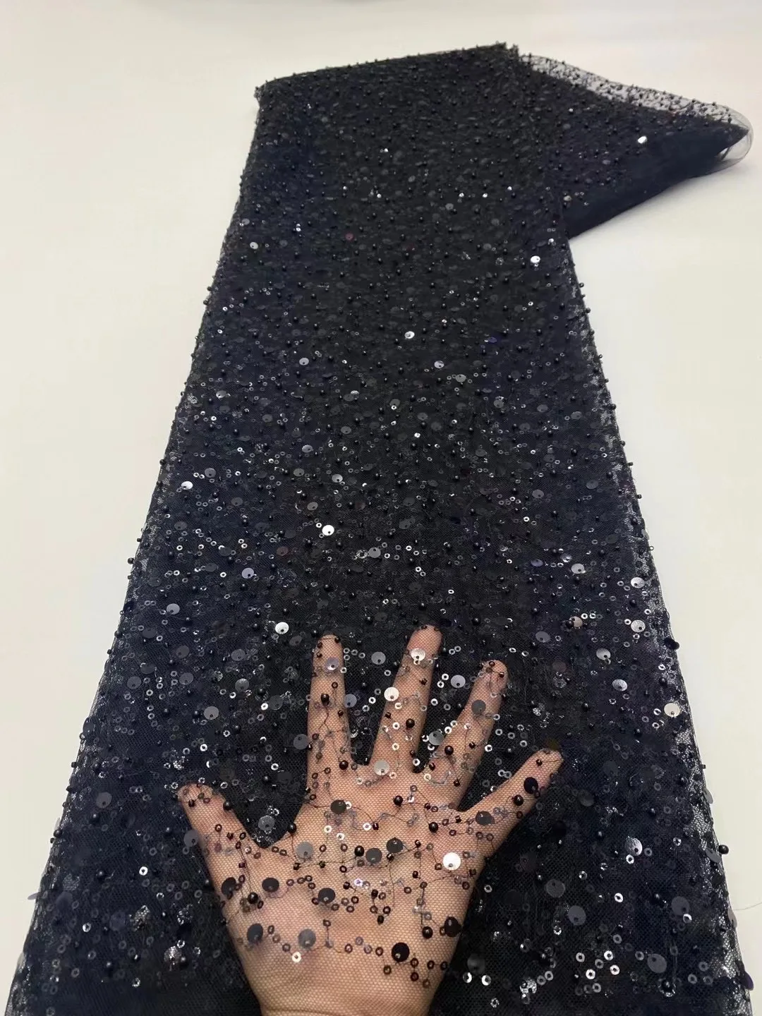 French Traditional Black Shiny Sequins Lace Fabric African High Quality Beaded Tulle Fabric Elegant For Bridal Evening Dress Sew