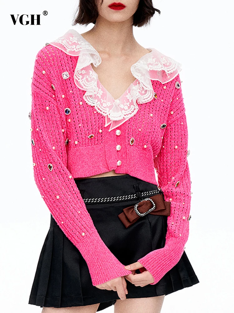 

Женская трикотажная рубашка VGH, розовая однобортная Блузка с V-образным вырезом, длинным рукавом и оборками, осенняя одежда, 2022