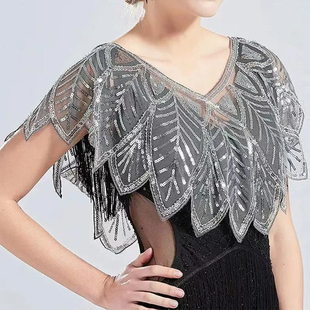 

Women Party Shawl Sequin Summer Short Thin Coat V Neck See-through Gauze Leaf Shape Embroideried Beaded Capelet Sparking Cape