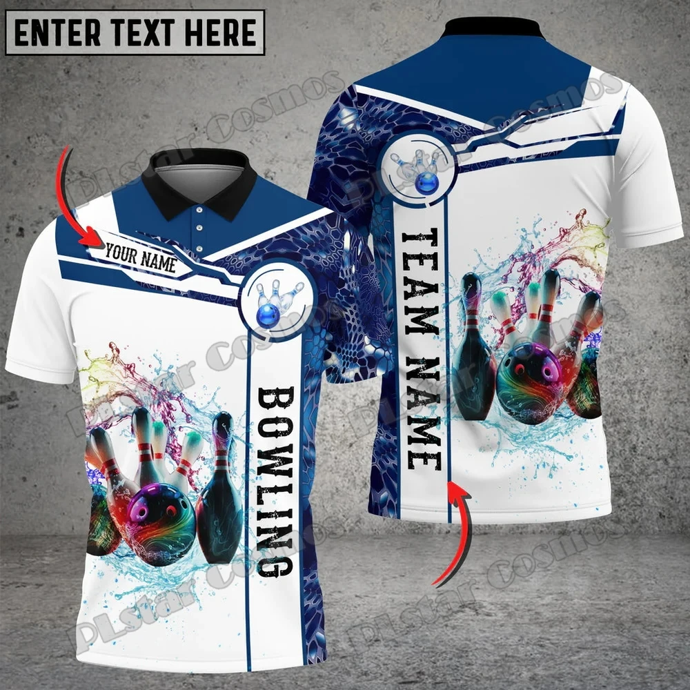 Blue And White Bowling Water Ball And Pins Customized Name 3D Printed Men's Polo Shirt Summer Unisex Street Casual Shirt POL98