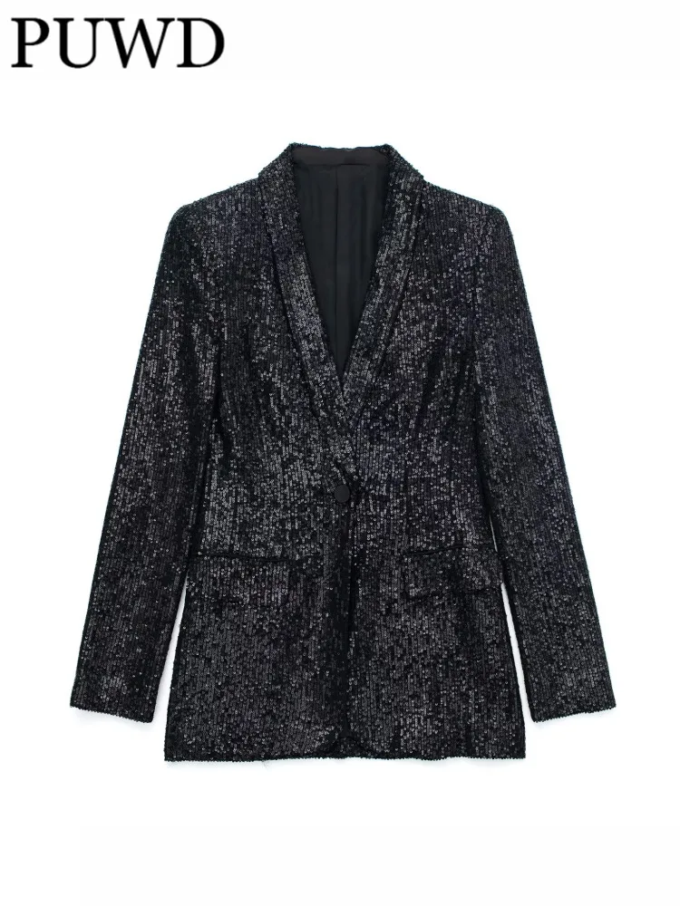 

PUWD Women Fashion Beading Loose Blazer Coat Vintage Long Sleeve With Single Button Female Outerwear Chic Veste Femme
