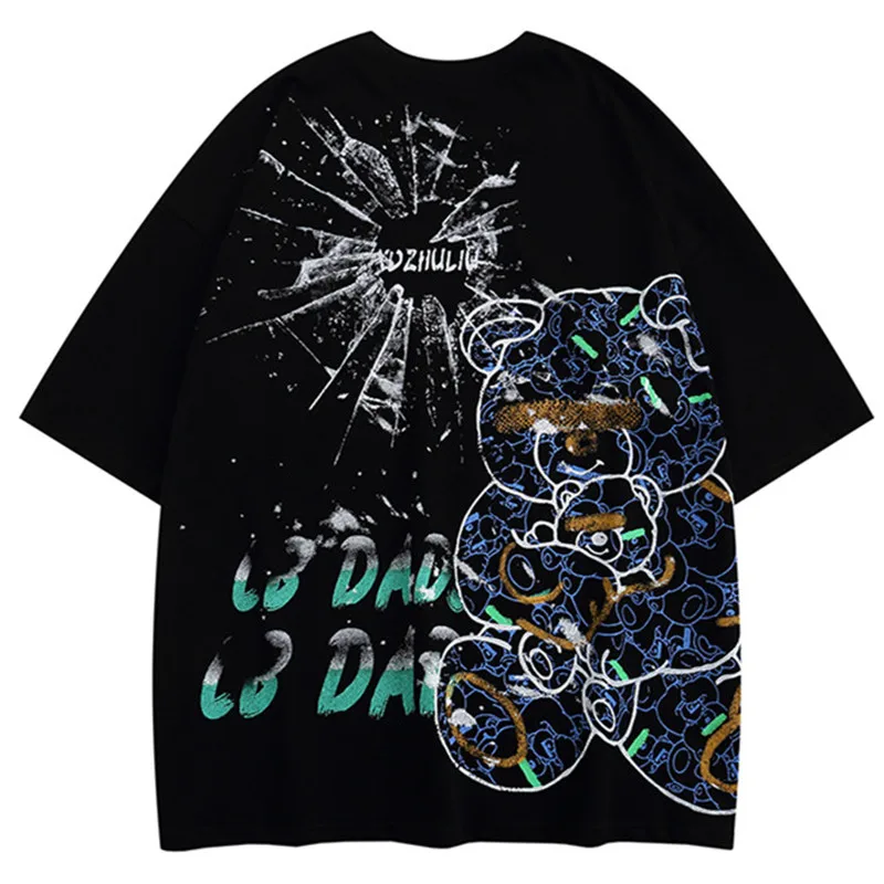 

Men Hip Hop Oversized T Shirt Letter Bear Graffiti Print Short Sleeve T-shirts Harajuku Punk Streetwear Fashion Casual Tops Tees