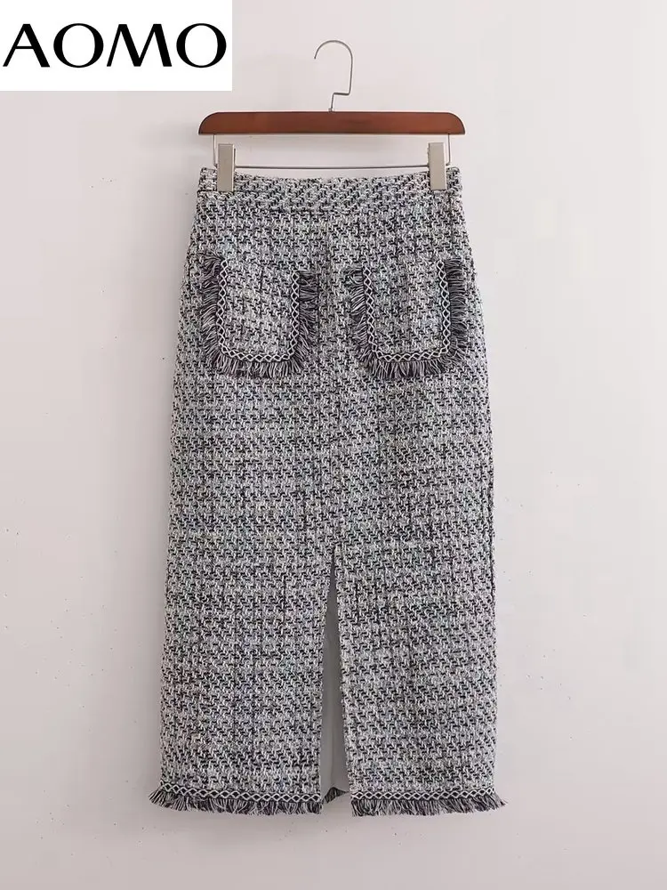 

AOMO 2022 Autumn Winter Women Tweed Pencil Skirt Zipper High Waist OL Midi Skirt 1D62A