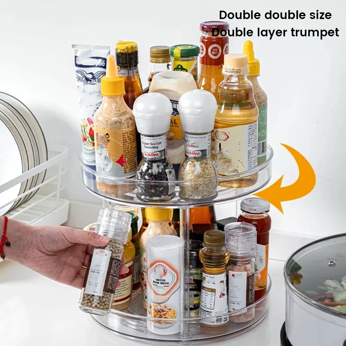 

Складной органайзер для специй, двухуровневый прозрачный вращающийся стеллаж для специй, большие спиннинговые контейнеры для приправ, орг...