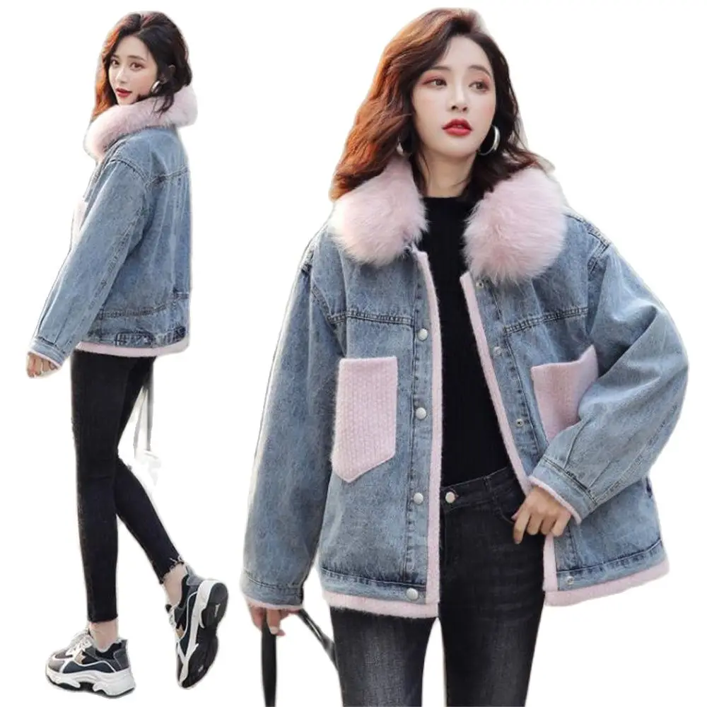 

Джинсовая куртка женская зимняя, Повседневная Верхняя одежда с длинным рукавом, пальто из джинсовой ткани в Корейском стиле, теплая плотная уличная одежда