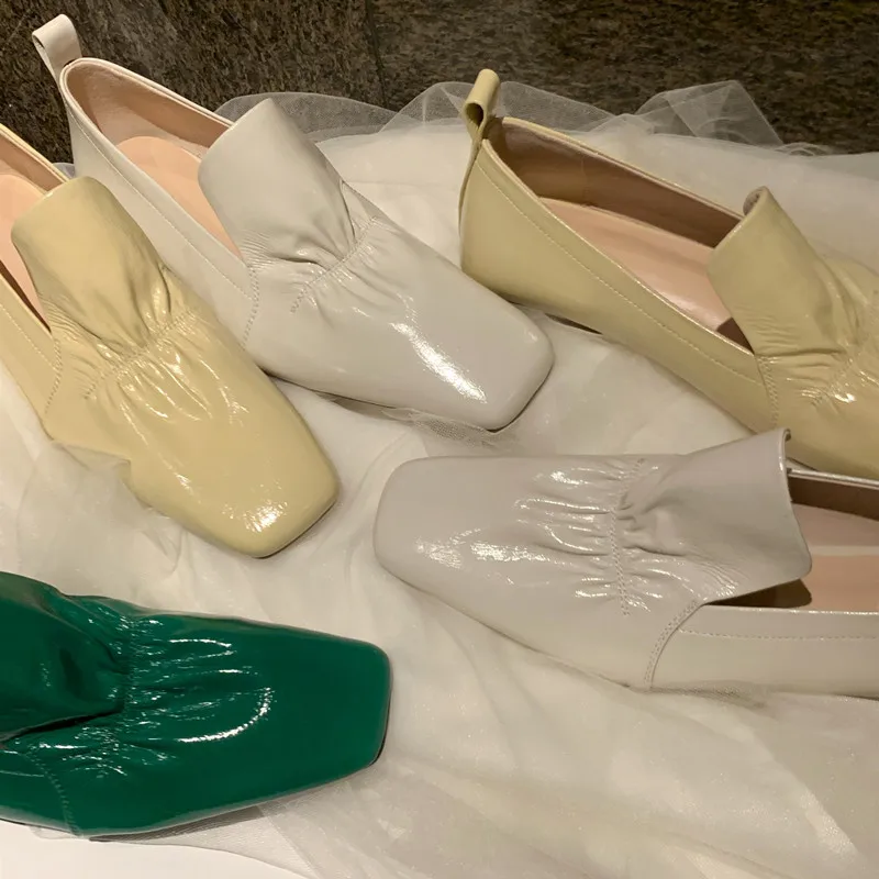 New Spring Women Shoes Square Toe Green Color Loafers Cow Leather Women’s Design Flats Slip On Ladies Shoes Female Flats