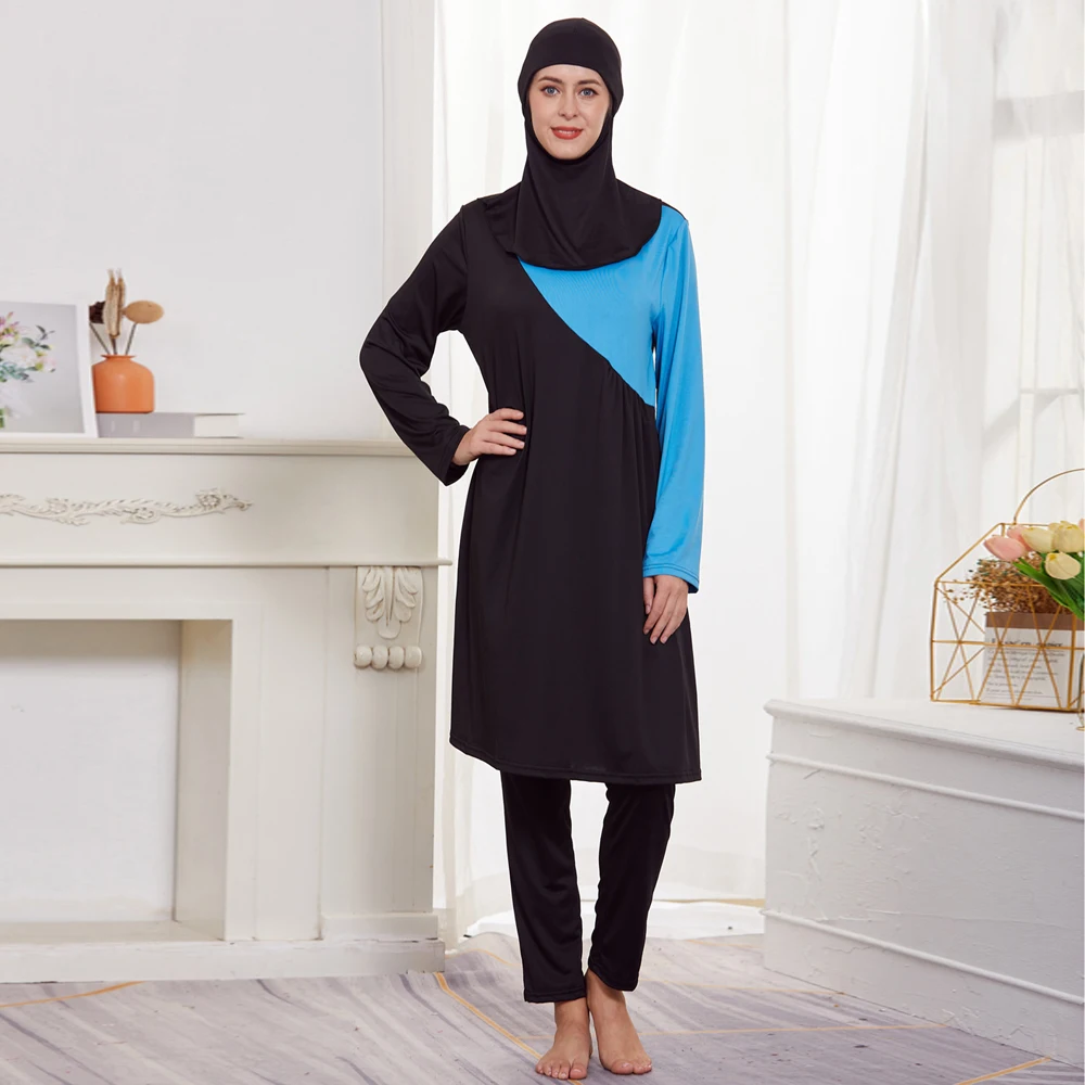 3PCS Burkini Muslim Woman Black Draw Pleated Swimwear Full Cover Islamic Long Sleeve Sport Swimsuit Hijab Beachwear
