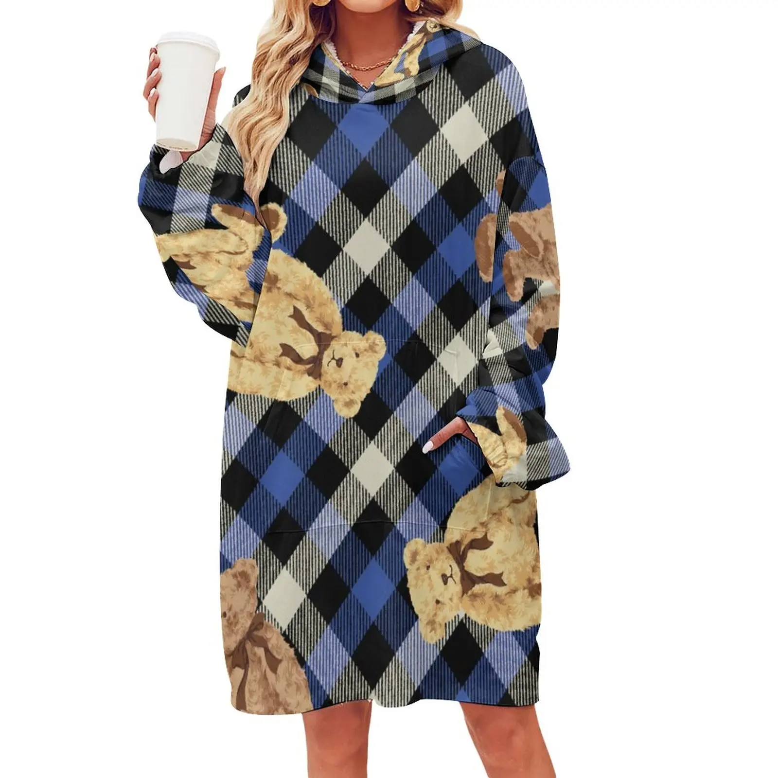 

Одеяло с мультяшным медведем, винтажное клетчатое Фланелевое толстое одеяло с капюшоном, подарок, одеяло для взрослых, рубашка с карманом