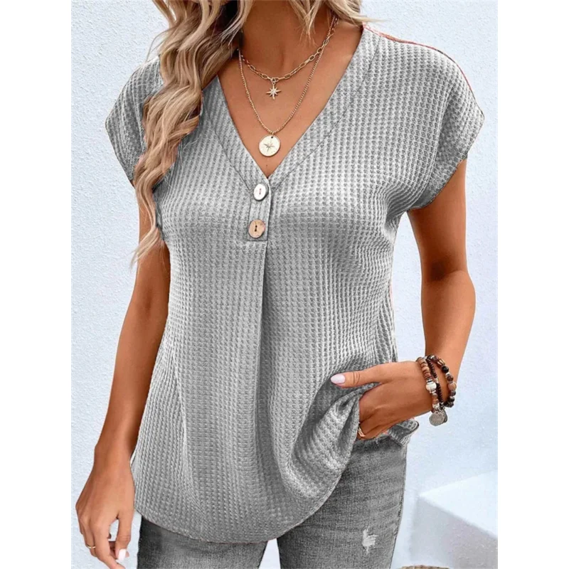 

Female 2023 Summer trend oversized t shirt women clothing New Loose V-neck Button Bat Sleeve T-shirt woman clothing