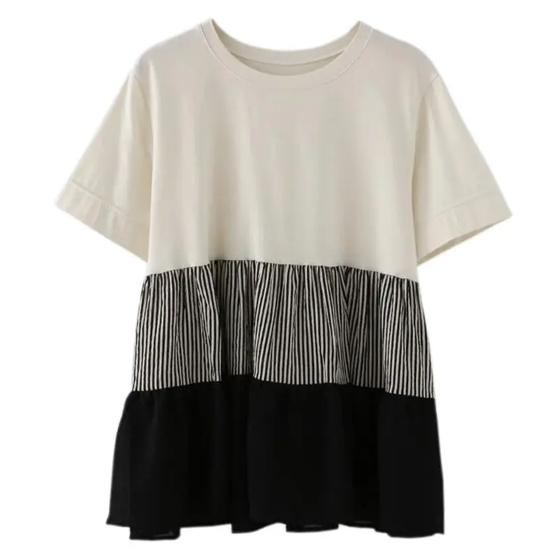 

Ruffle Hem Loose Tees Women Loose Casual Women's Short Sleeve T Shirt Women Summer Patchwork Tops