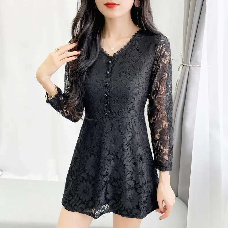 Купи 2022 Spring Autumn Mini Dress Sexy Lace Hollow Out Patchwork Fashion V-Neck Button Slim Solid Color Long Sleeve A-Line Dresses за 950 рублей в магазине AliExpress