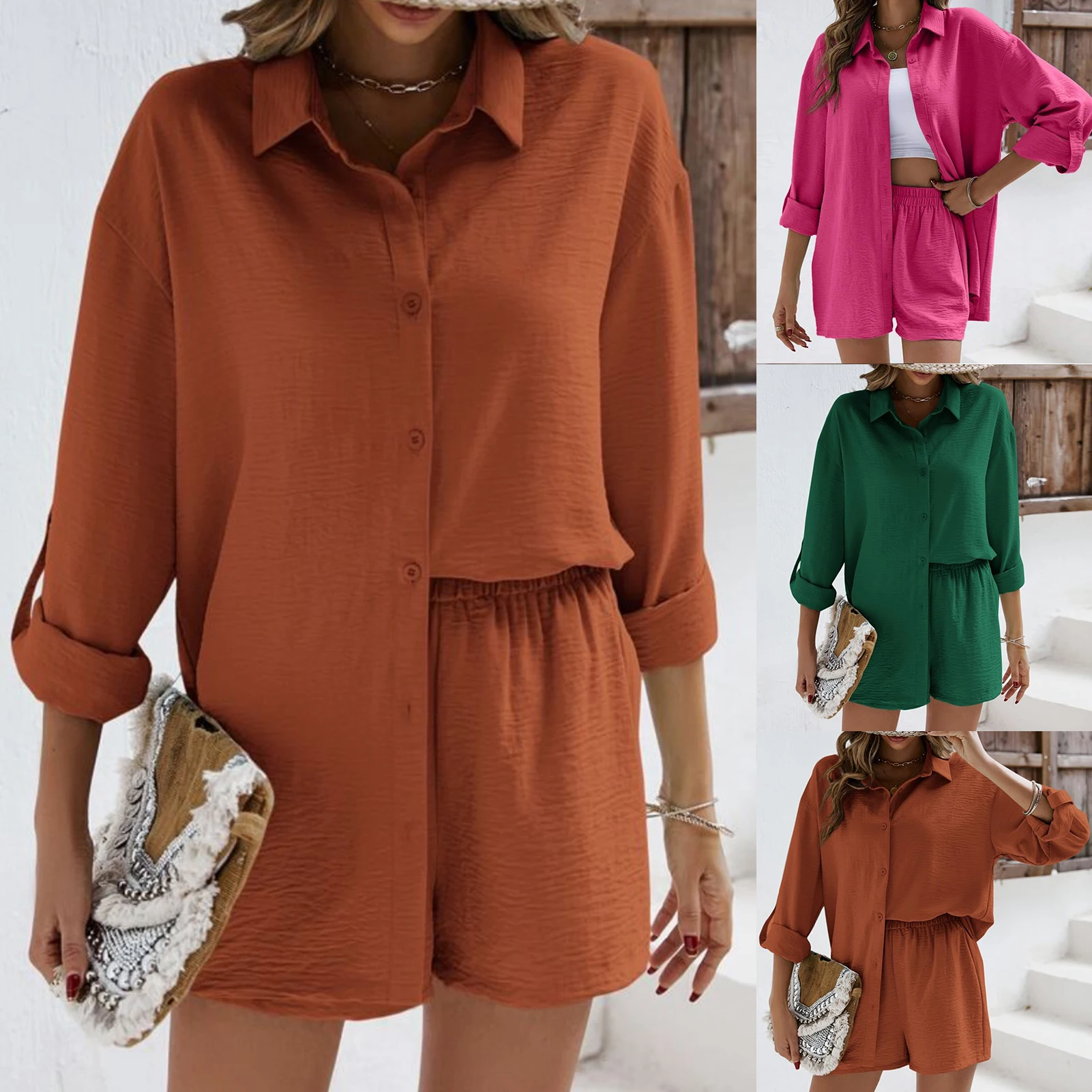 

Женский Свободный Повседневный костюм размера плюс Fashion, однотонная блузка с отложным воротником и длинными рукавами, топ и шорты, уличная одежда