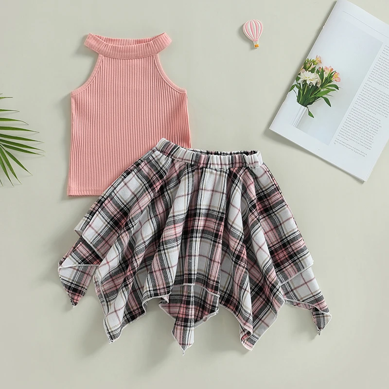 

2023-04-10 Lioraitiin 0-5Years Toddler Baby Girl 2Pcs Summer Clothing Set Pink Vest Top Irregular Plaid Skirts 2Pcs Suit