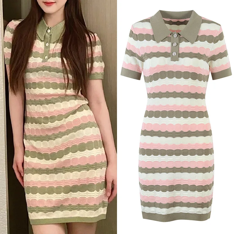 

Polo Neck Fashion Khaki Striped Knit Dress Summer Short Sleeves Bodycon Lady Sheath Bandage Dresses