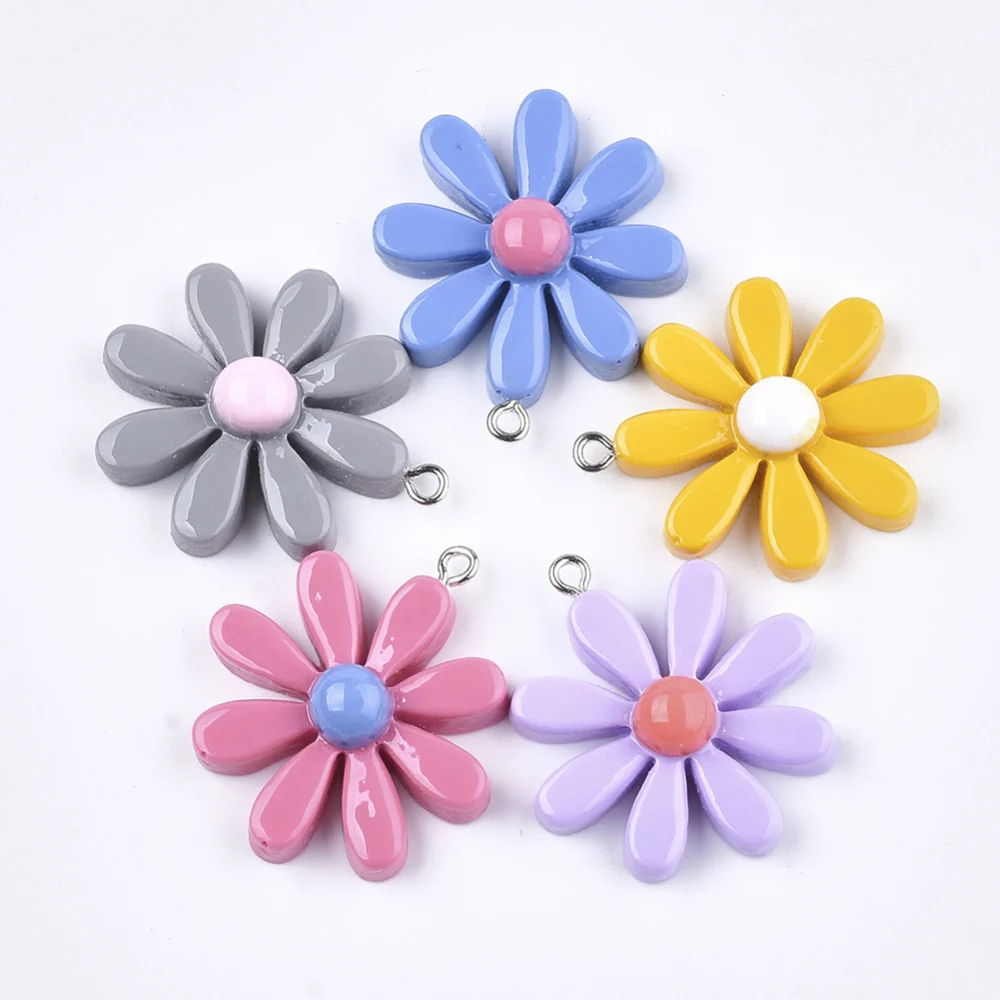 

10PCS Resin Pendants with Platinum Tone Iron Findings Flower Mixed Color 33~34x28~30x8~9mm Hole: 2mm