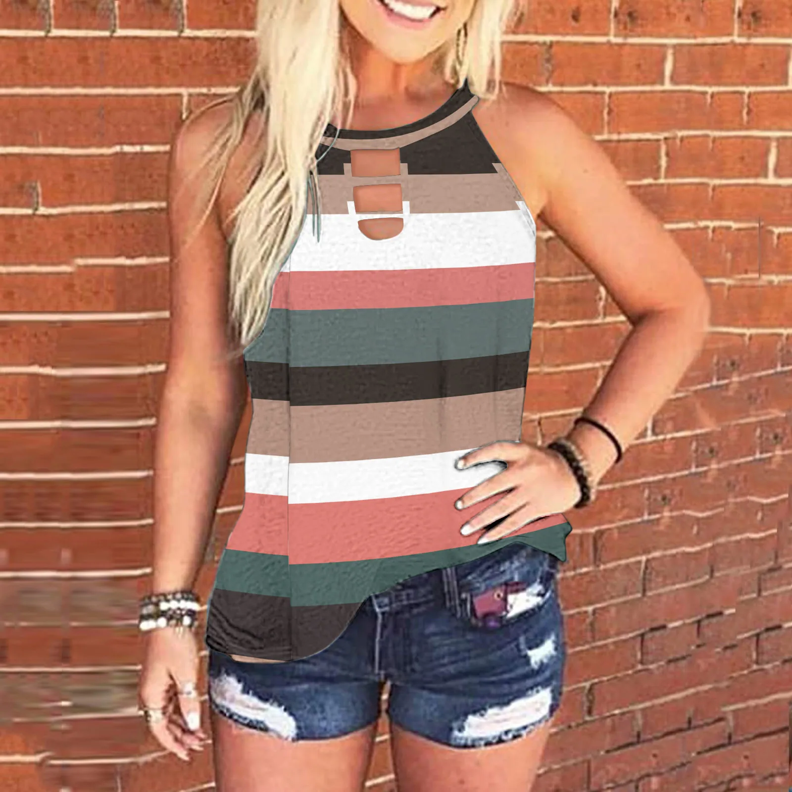 

Summer Tank Tops For Women Casual Beach Cut Out Neck Sleeveless Halter Cami Striped Print Tee Shirts Female T Shirt Blouse