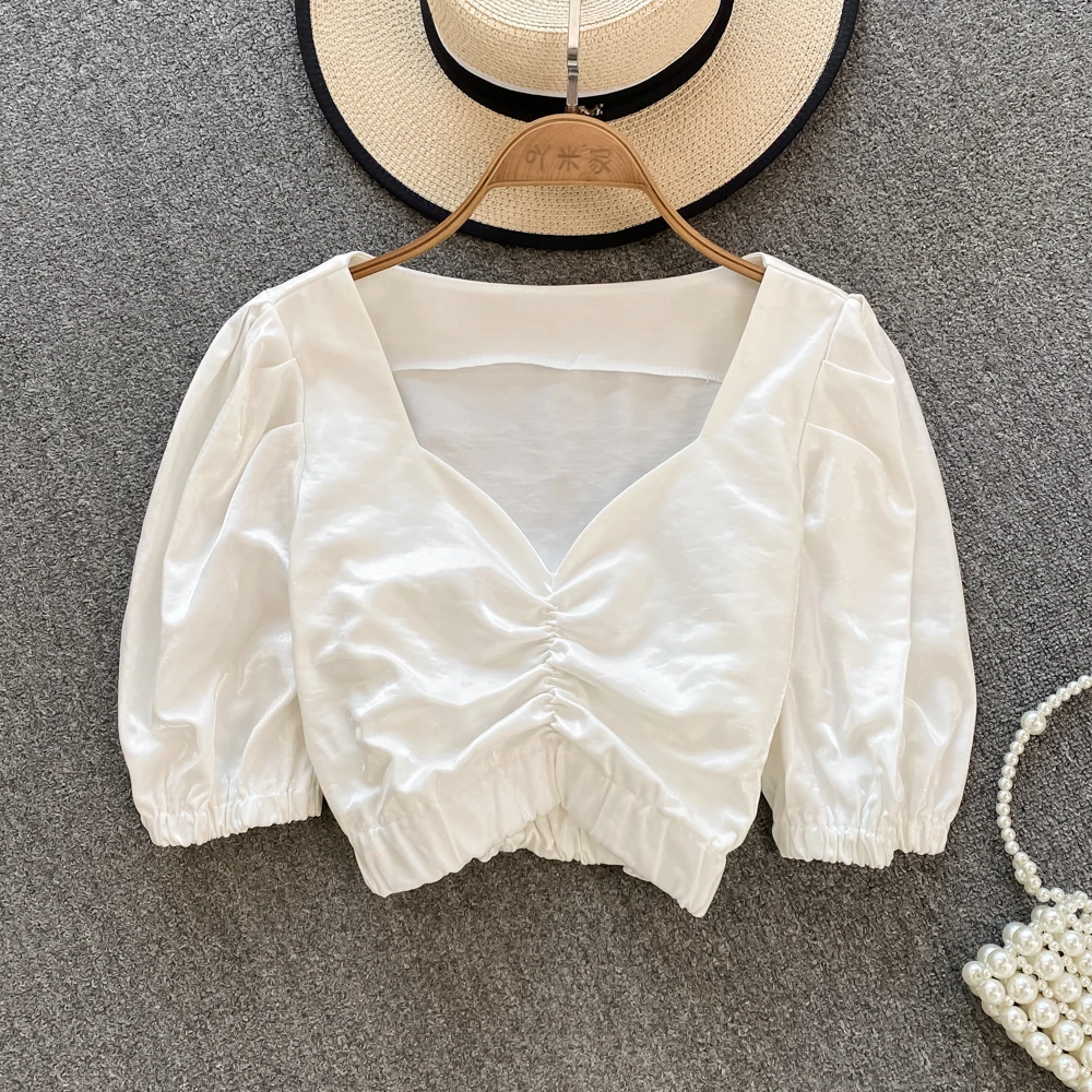 

Short Sleeve V-neck Shirt Women Summer New Slim Temperament 2023 Female Streetwear Short Blouse