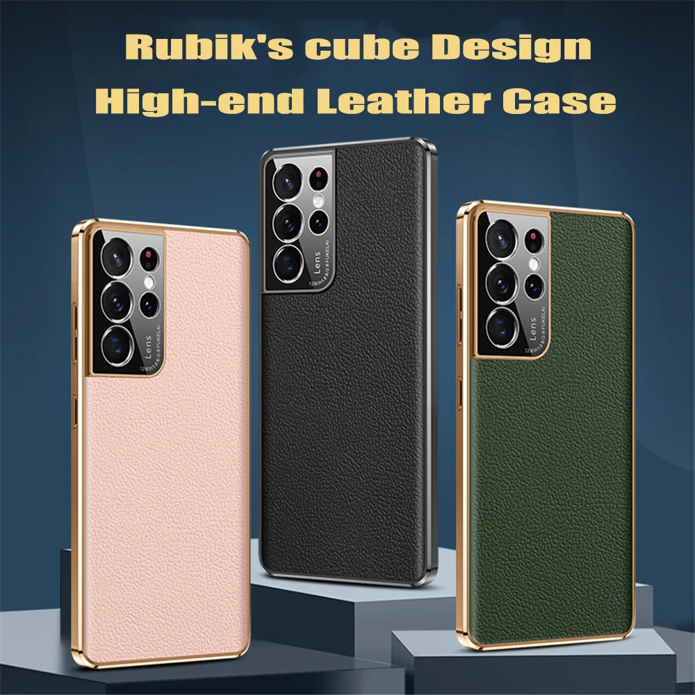 

NEW Luxurious Genuine Leather Back Electroplated TPU Silicone Cover Case For Samsung Galaxy S22 S21 S23 Ultra Plus