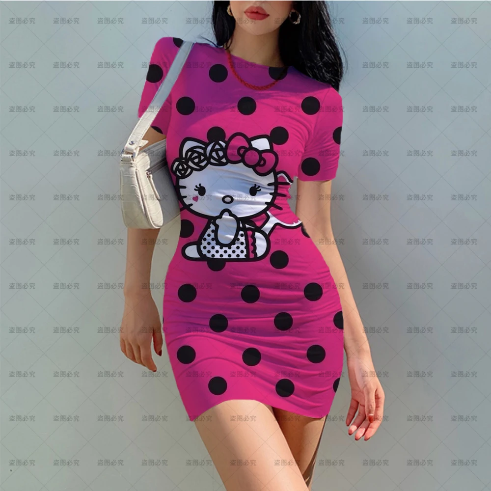 

Hello Kitty New Sexy Beach Dress 3D Tie Dye Short Sleeve Retro Bodysuit Fashion Party Dress 2022 Summer Japanese Cartoon
