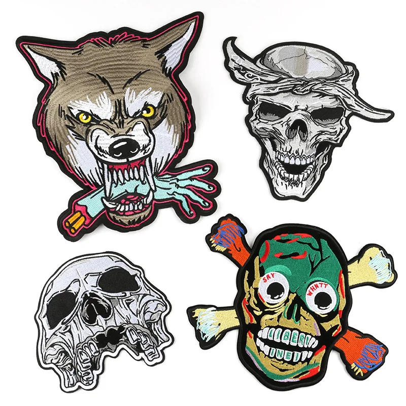 

Large a Skull head Wolf cloth sticker DIY sew Clothes Coat Big Back Sticker ironing Embroidered Patches Sew Applique decor Badge