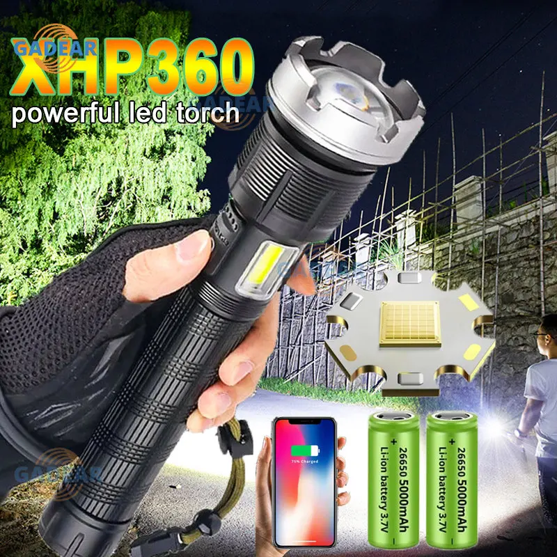 

500000 Lumens XHP360-36core LED Flashlight Powerful Torch USB Rechargeable Tactical Flash Light Power Bank 5200mAh Camping Lamp