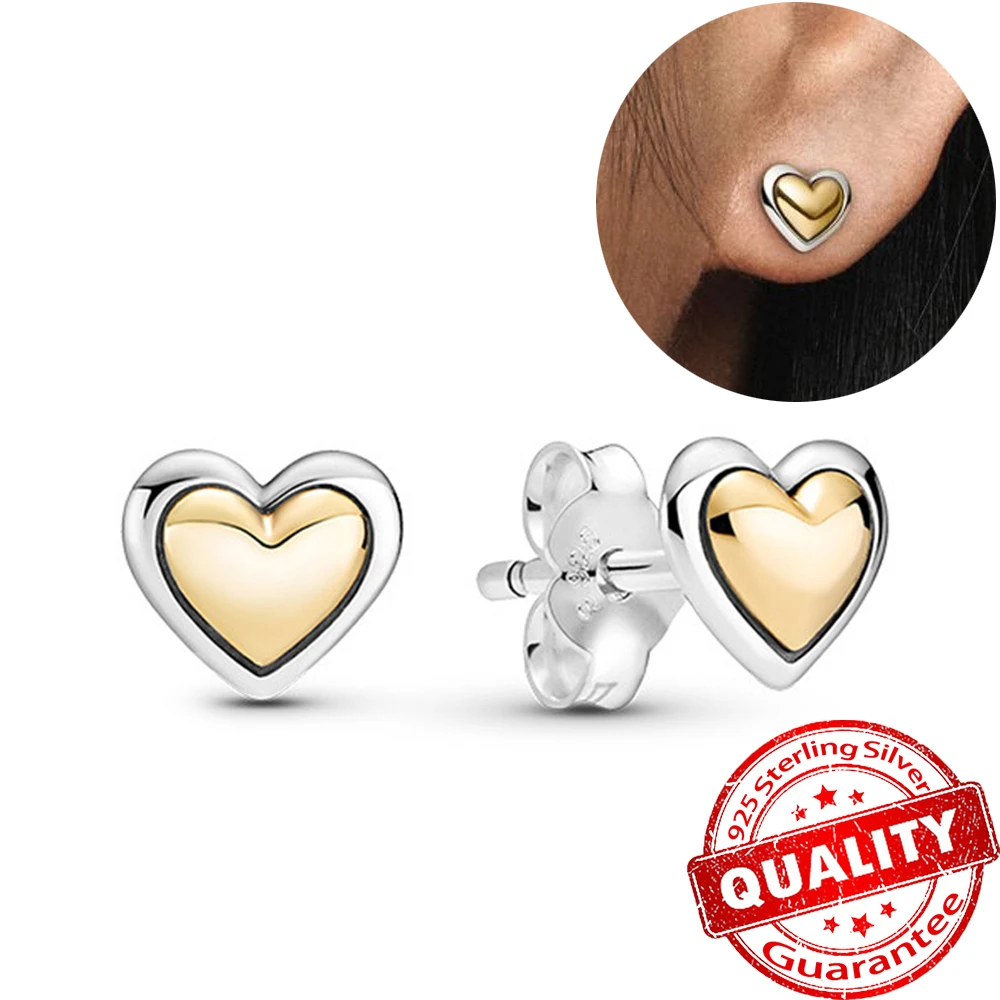 

Original 925 Sterling Silver Two-tone Domed Golden Heart Stud Earrings Plata De Ley Stud Brand Earring Women Jewelry Gift