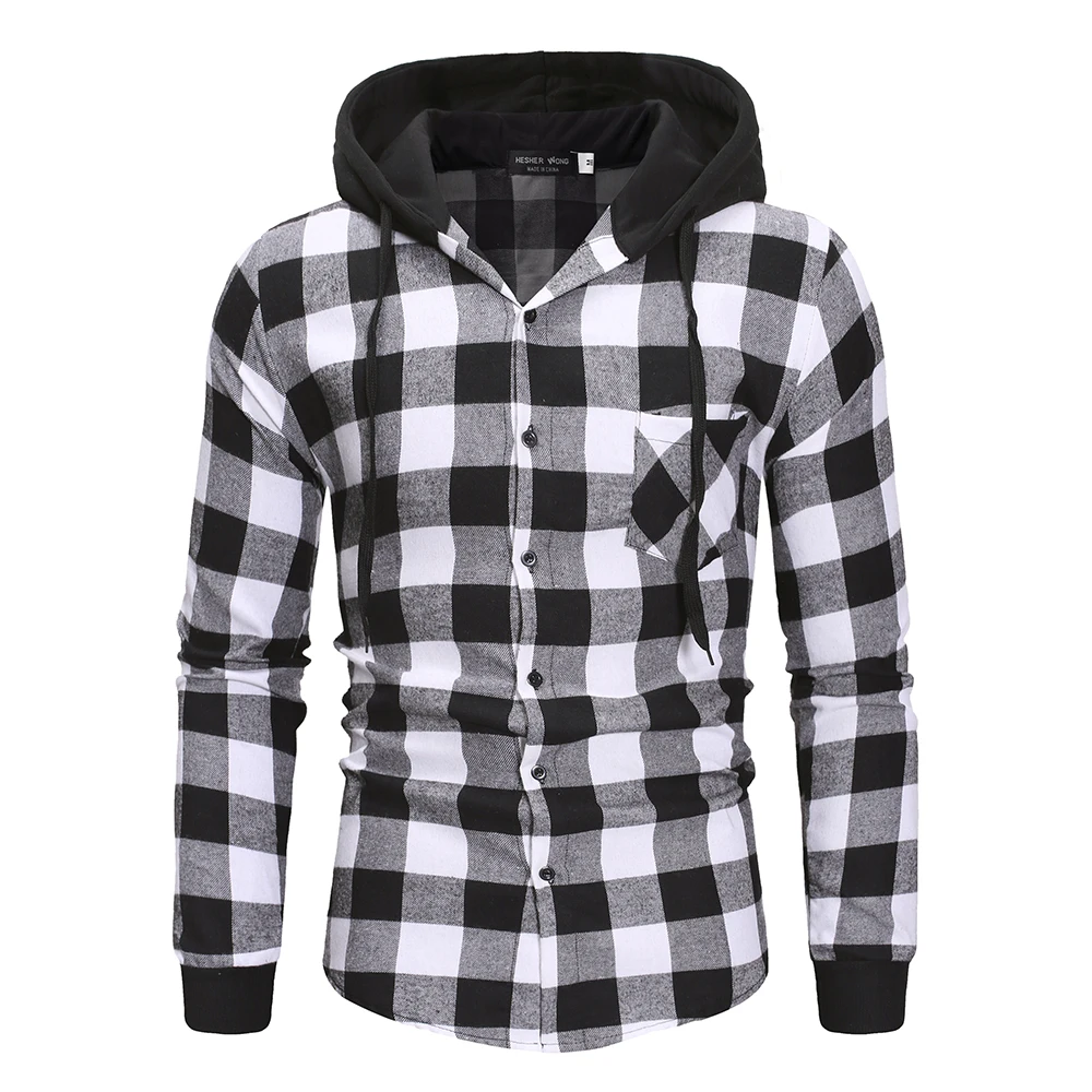 2022 New Arrival Plaid Shirt Hooded Long-sleeve Fashion Shirt Men