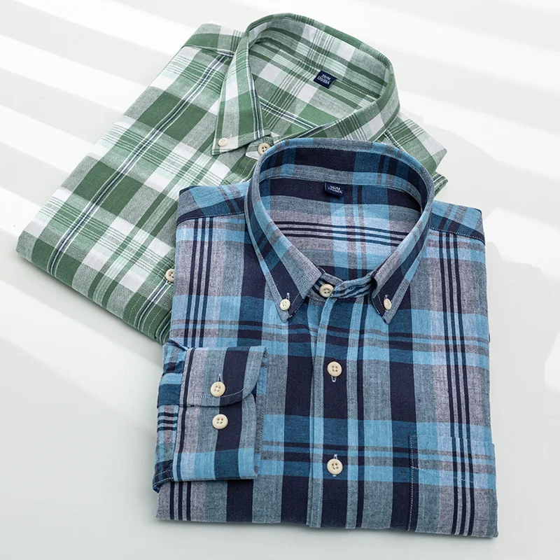 Hemp Shirt Striped Plaid Shirt 88.7% Cotton & 11.3% Linen Casual Loose Shirts for Men Clothing Mens Button Up Shirt Short Sleeve