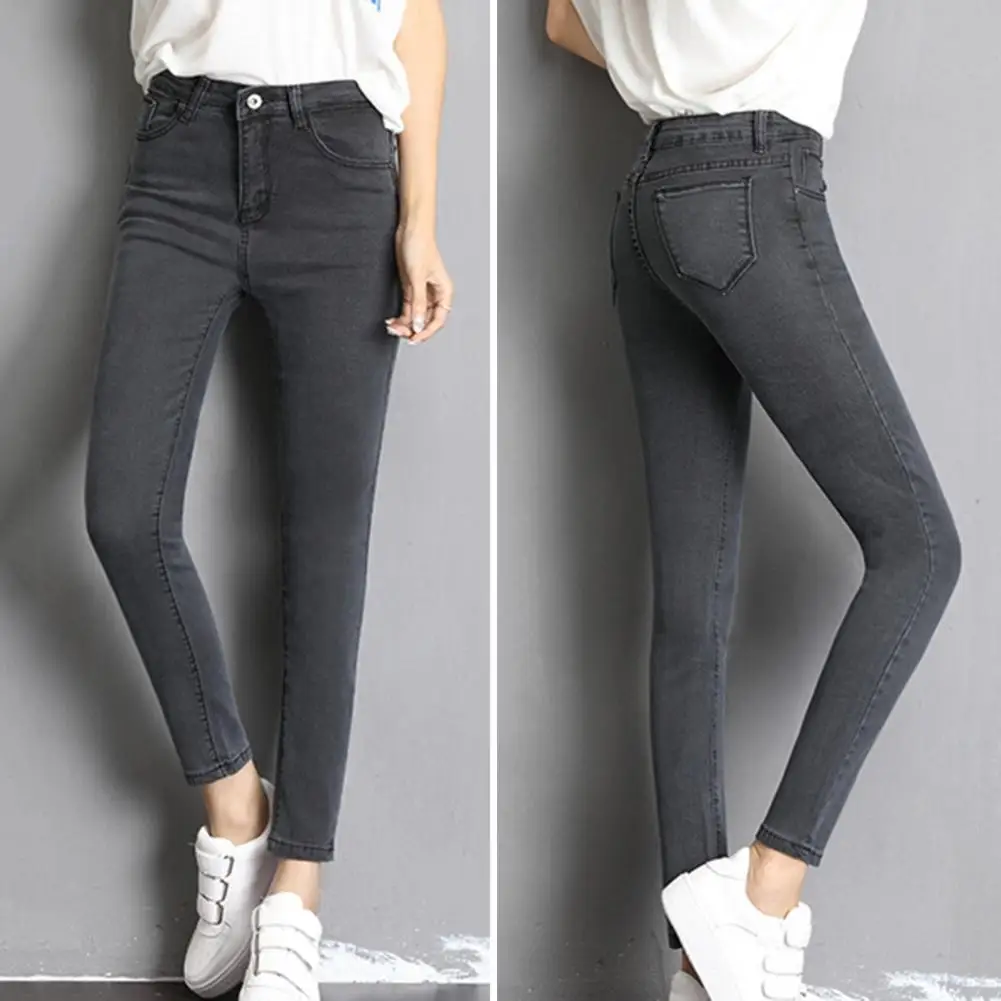 

Soft Jeans High Waist Slim Fit Women's Jeans with Tummy Control Ankle Length Pockets Soft Elastic Solid Color Pants for A