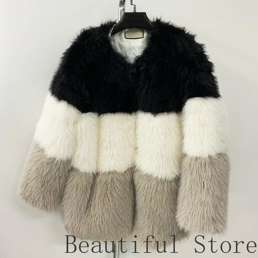 

Luxury Designer Winter Clothes Jackets for Women Faux Fox Fur Long Sleeve Coat Coats Woman Colorblock Jacket Branded Clothing
