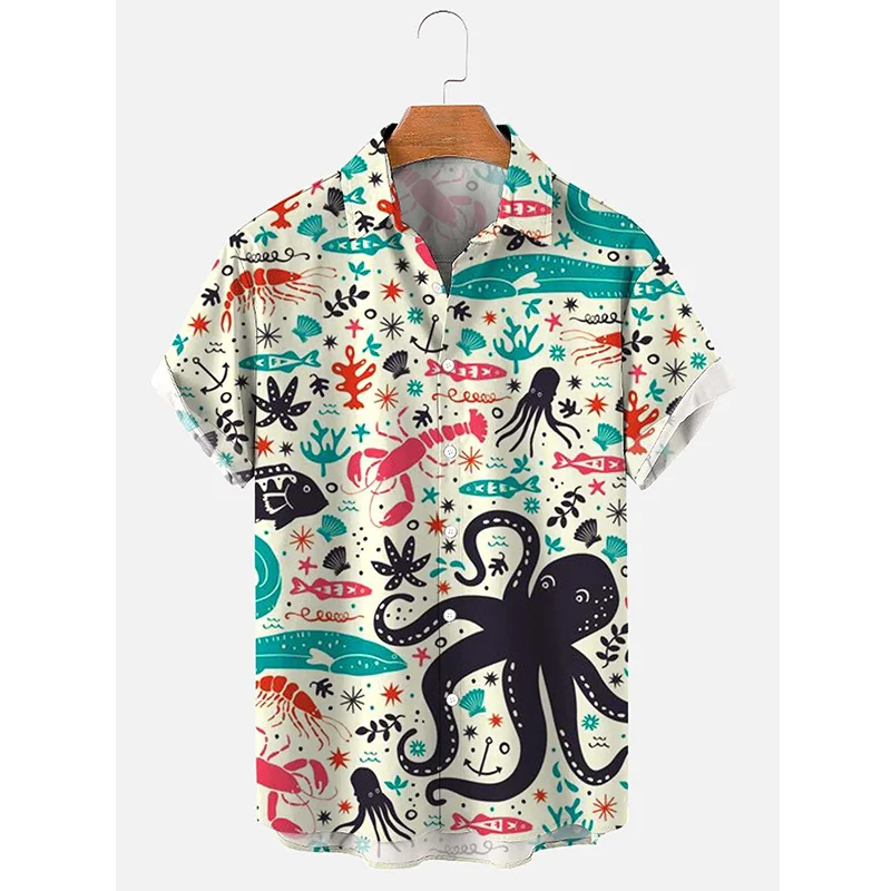 

Sea Animals Graphic Shirts for Men Clothing 3D Printing Hawaiian Beach Shirts Short Sleeve y2k Tops Vintage Clothes Lapel Blouse