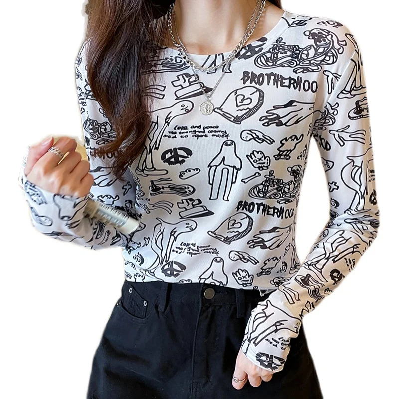 

Cartoon Hand-painted Long Sleeve Mesh T Shirts Women Printed Sunscreen Tops Women Inner and Outer Wear Mesh Tees