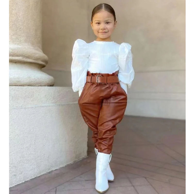 

Girls' Clothing Sets Bubble Sleeve Rib Shirt T-shirt Top PU Leather Trousers with Belt Girls' Suit Elegant Fashion Children