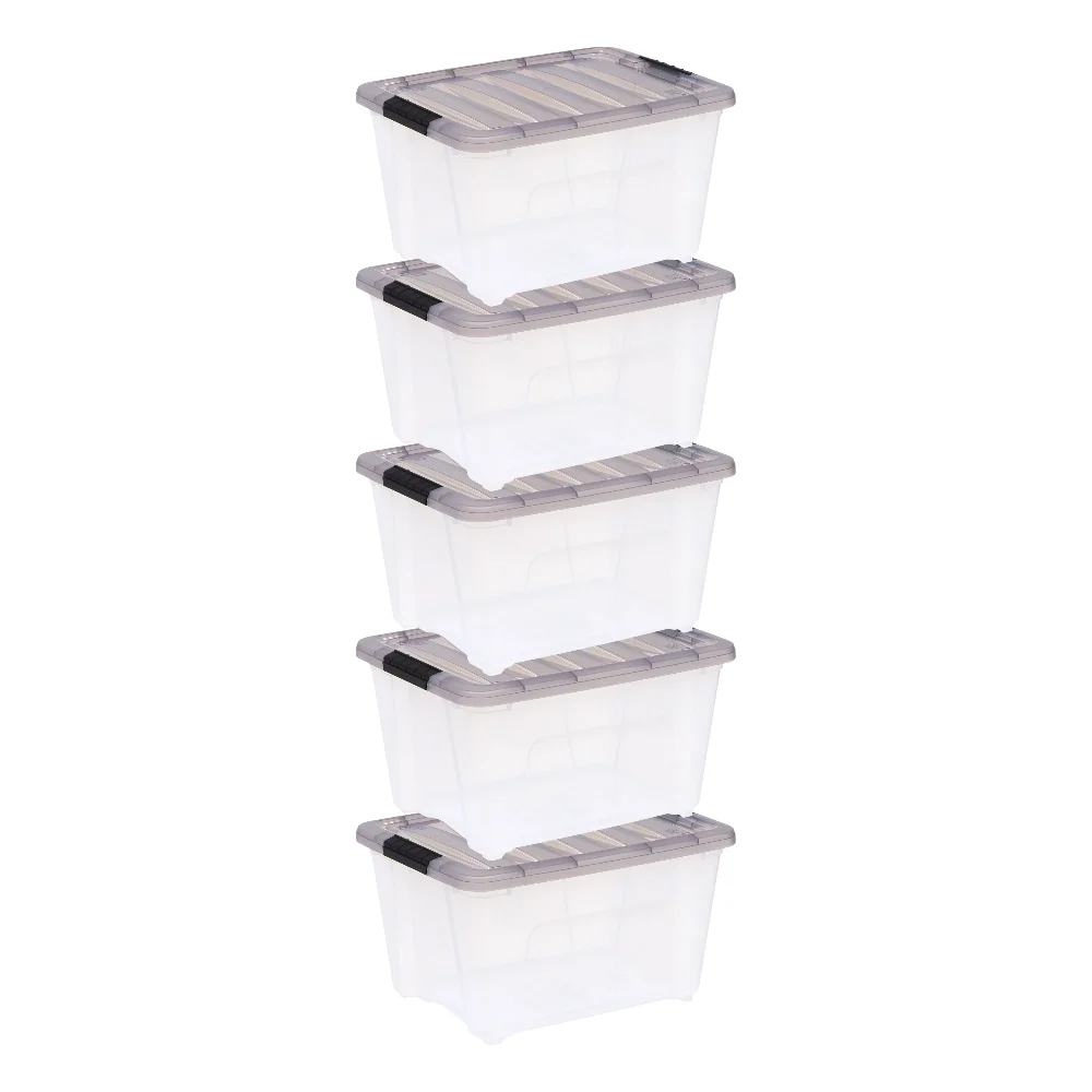 32 Quart Stack & Pull™ Clear Plastic Storage Box with Buckles, Gray, Set of 5 Storage Bin Storage Basket