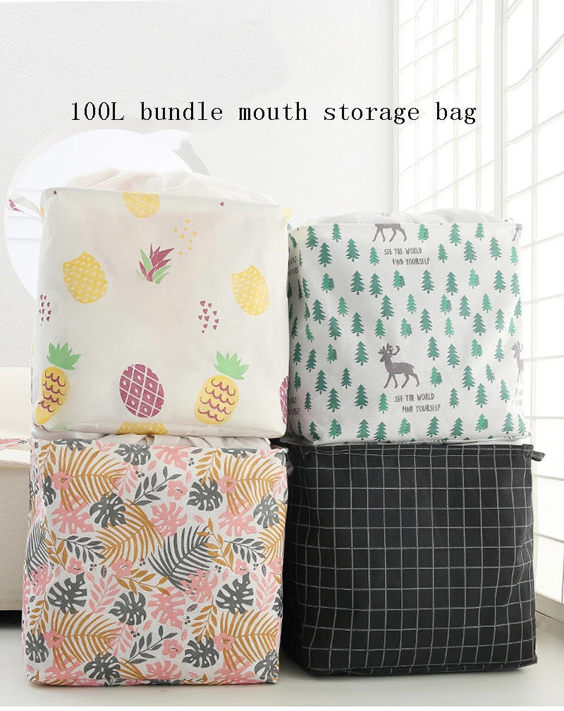

Foldable dust-proof clothes storage bag 100L bundle mouth storage basket moving and packing cotton quilt non-woven fabric storag