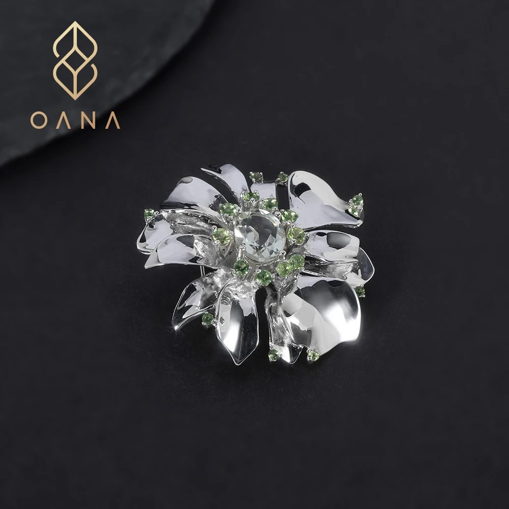 

OANA Designer Style Natural Green Amethyst Flower Brooch High-End Sense S925 Silver Inlaid Gemstone Color Treasure Jewelry