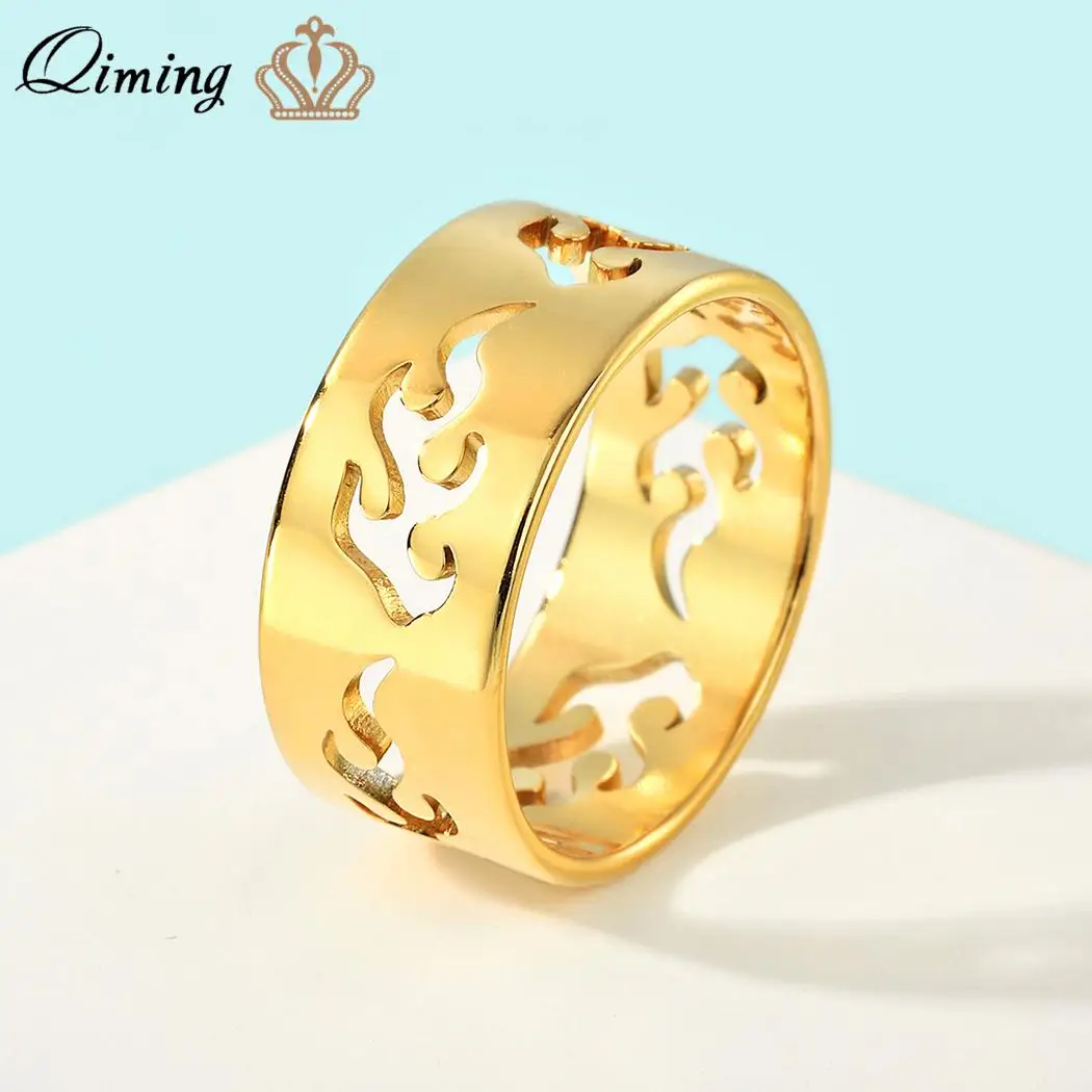 QIMING Handmade Blame Fire Promise Rings For Women Men Geometric Vintage Band Ring Bague