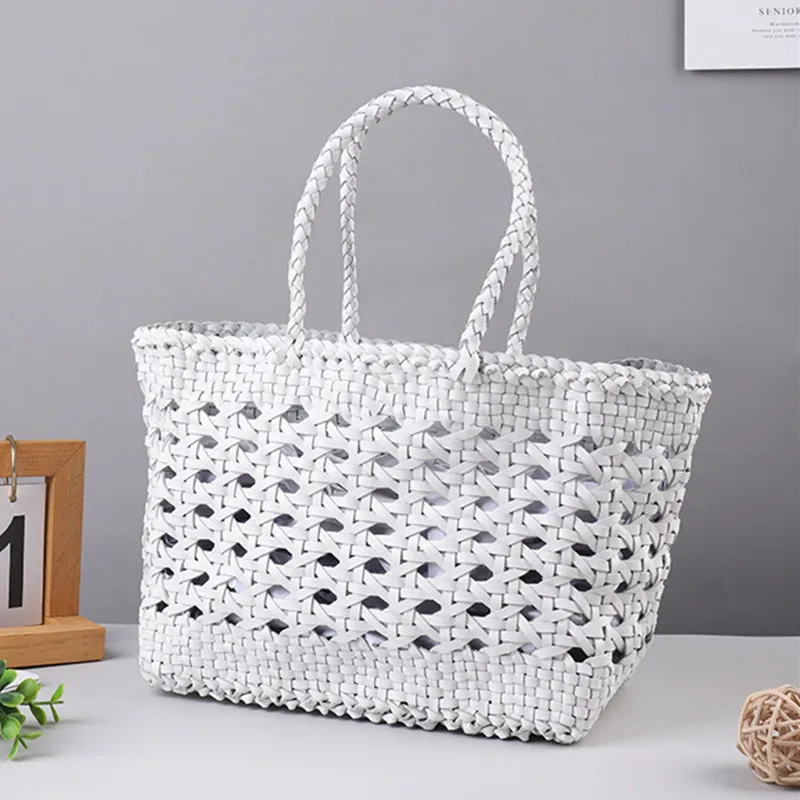 Hand woven basket bag100% Genuine Leather Hollowed Woven Shoulder Bag Woven Inside Bag Vintage Shopping Bag Cowhide Tote Bag