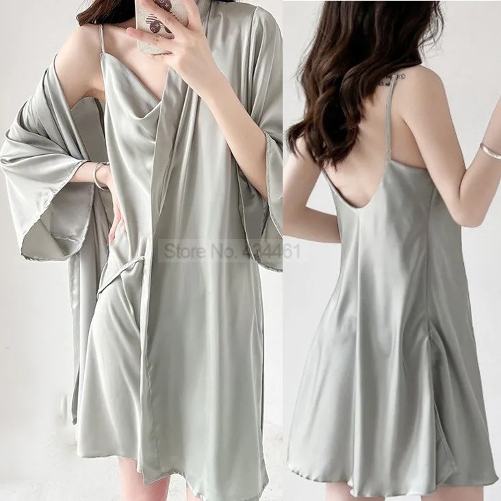 

Nighty&Robe Set Loungewear Loose Wedding Robe Nightgown Satin Sleepwear Bathrobe Women Swing Collar Nightwear Sexy Lingerie