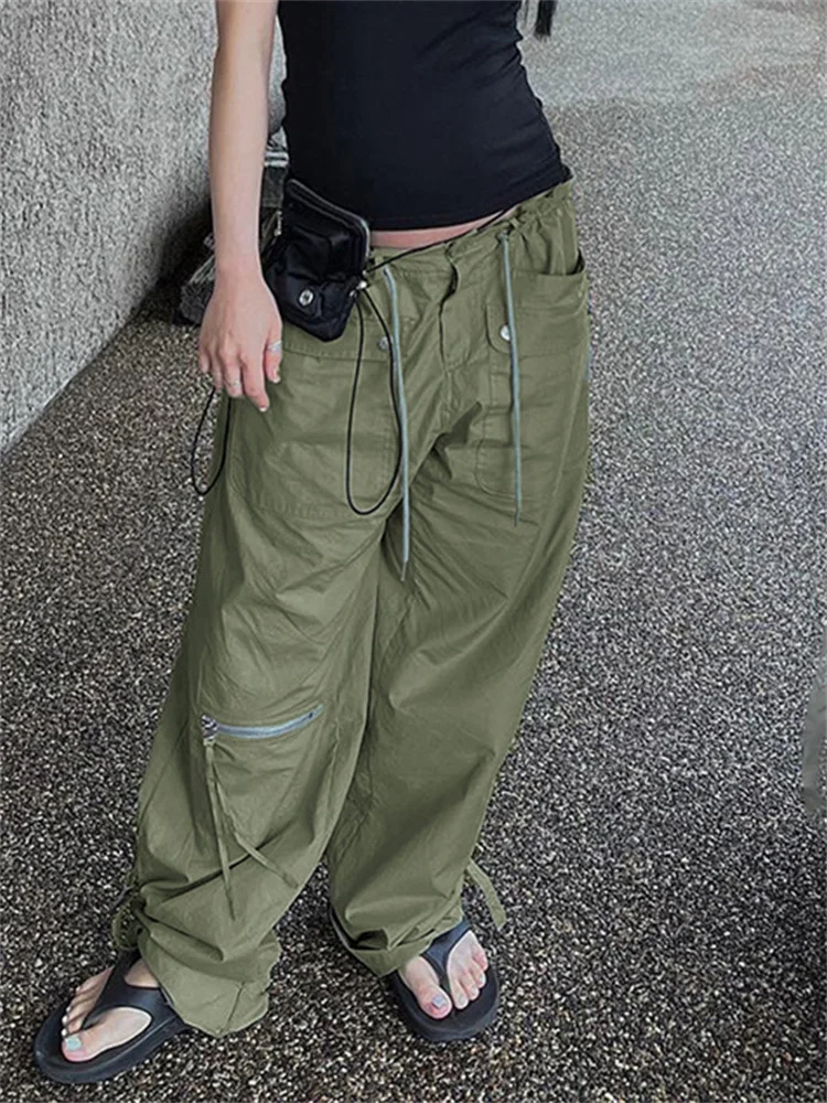 

Женские Мешковатые брюки-карго Y2K с заниженной талией, свободные штаны в эстетическом стиле на шнуровке, повседневные брюки с карманами, ули...