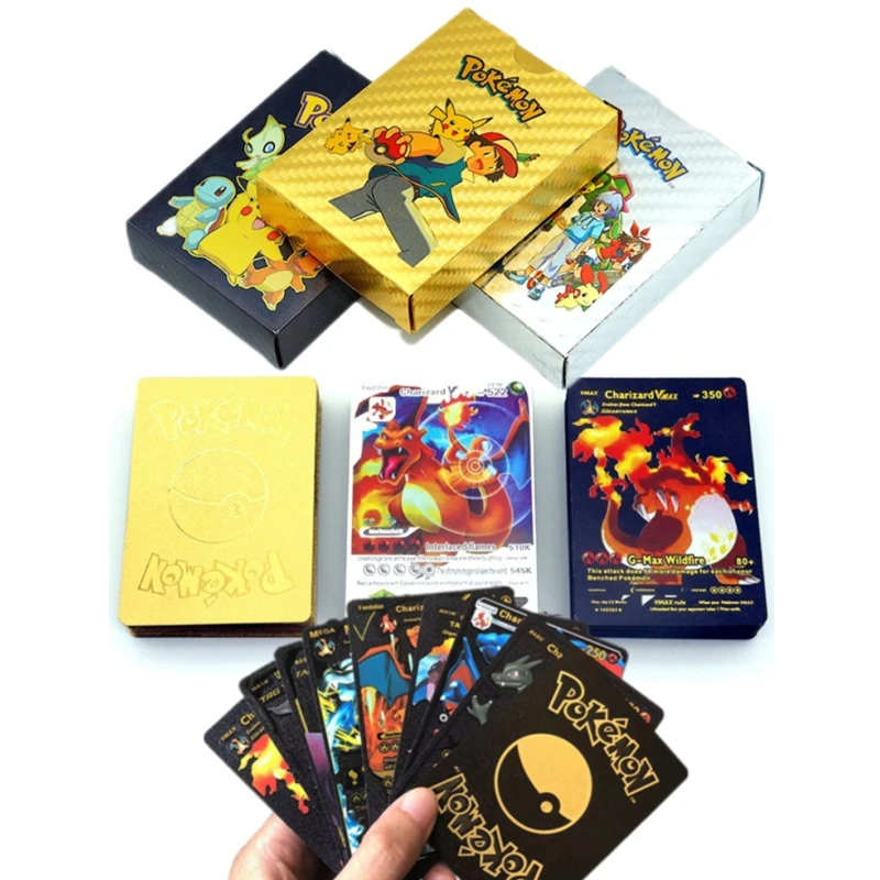 

Pokemon Cards Metal Gold Sliver Spanish Vmax GX Energy Card Charizard Pikachu Rare Collection Battle Trainer Boys Gift