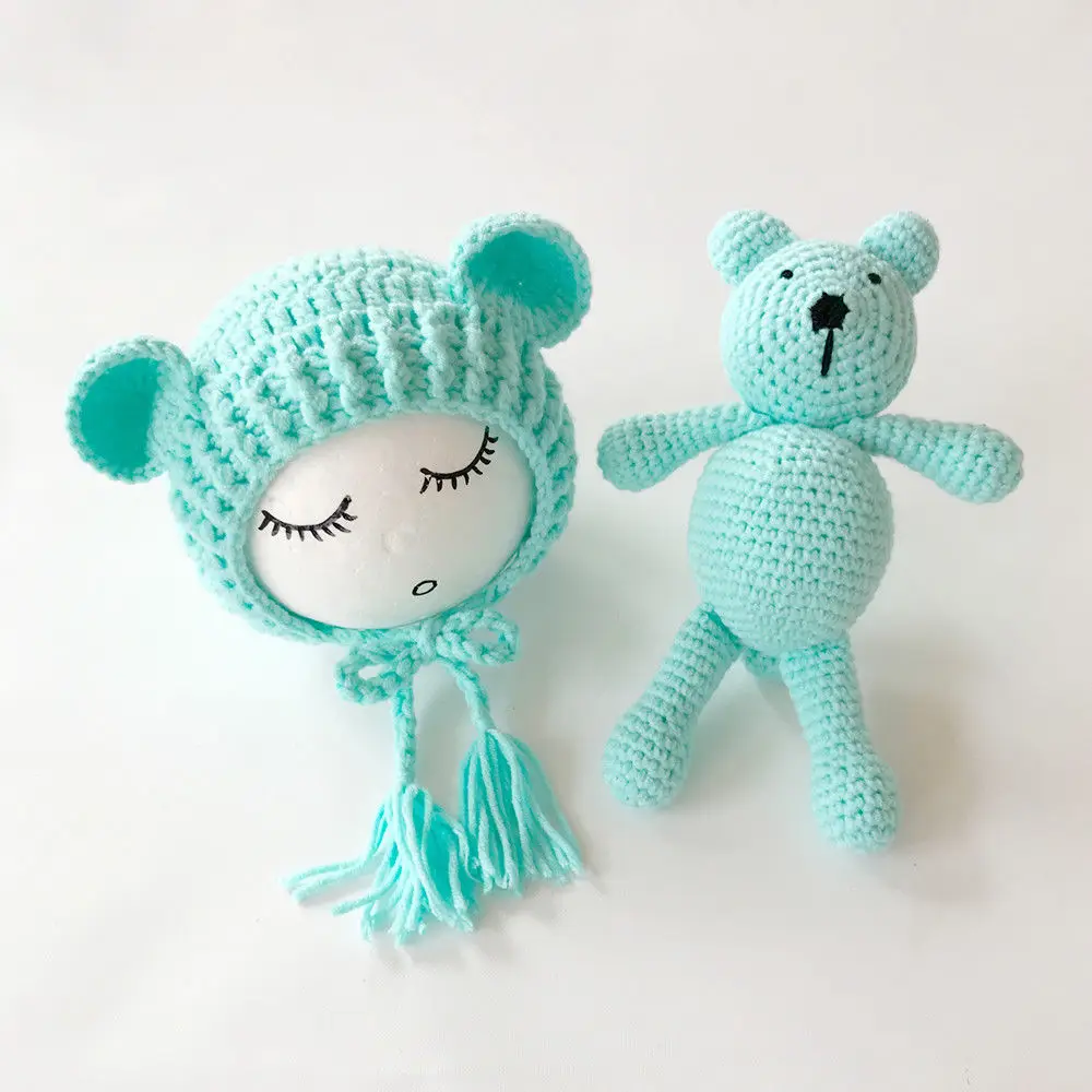 Bear Hat+Bear Toy Photography Props Costume New Cute Newborn Baby Knit Crochet Girls Boys Warm Cap Toys enlarge