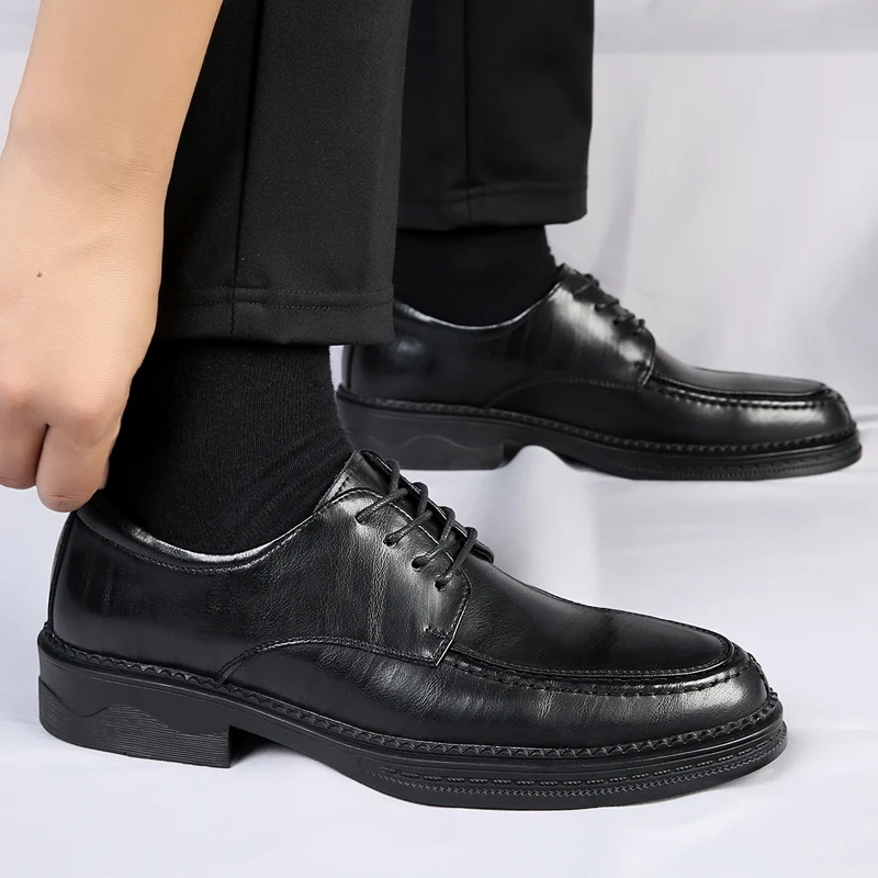 

Мужские повседневные кожаные туфли, черные деловые кожаные туфли на высокой платформе, в стиле Харадзюку, Корейская уличная мода, на весну/лето, 2023