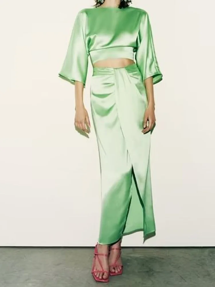 

Женский Атласный Костюм Kumsvag, комплект из двух предметов, летний топ и юбка, 2023