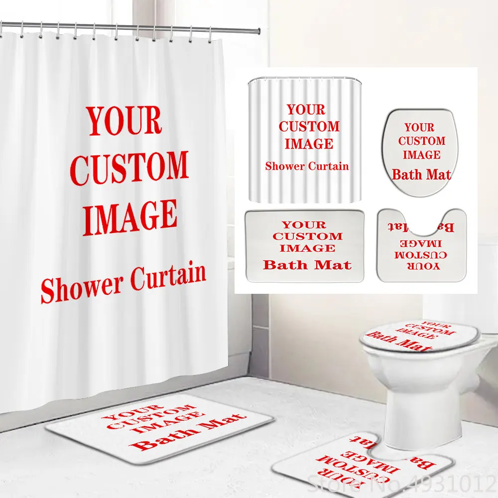 

Custom Link Photo Logo Print Shower Curtains Set Polyester Bathroom Custom Anti-skid Rug Toilet Lid Cover Bath Mat Sets
